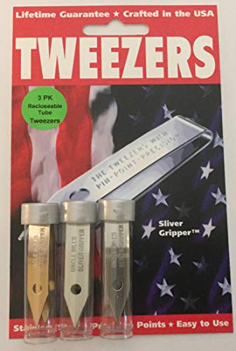 Book Cover 3 Pack Uncle Bill's Sliver Gripper Precision Tweezers in a Recloseable Tube