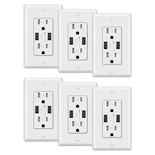 Book Cover [6 Pack] BESTTEN 3.6A/18W USB Receptacle Outlet, 15 Amp Tamper-Resistant Outlet, 125V, UL Listed, White