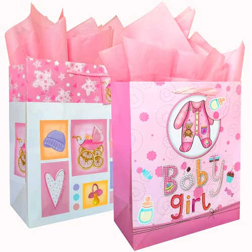 Book Cover BagLove - Premium (2 Pack) Baby Girl Gift Bags with Tissue Paper - Large Gift Bags Perfect for Baby Showers, New Moms, Birthdays, Gender Reveals and More
