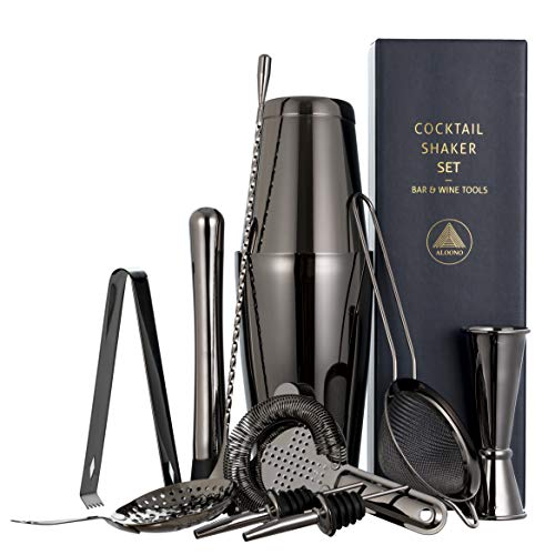 Book Cover 11-piece Black Cocktail Shaker Bar Set: 2 Weighted Boston Shakers, Cocktail Strainer Set, Double Jigger, Cocktail Muddler and Spoon, Ice Tong and 2 Liquor Pourers