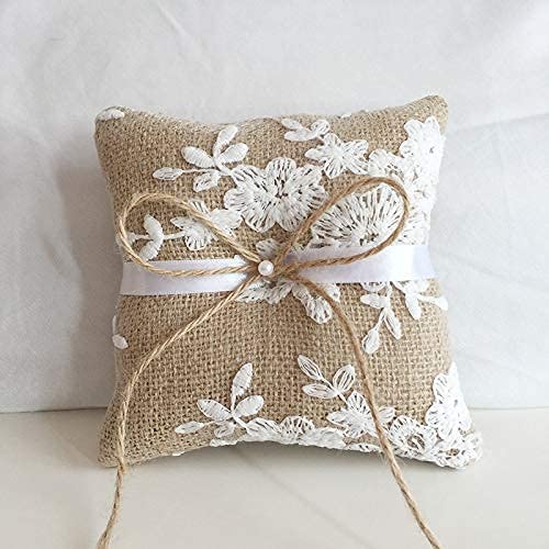 Book Cover LABJULY Ring Bearer Pillows Lace Bow Flower for Wedding with Vintage Rustic Lace Bow Pearl Embroidered Flower Ribbon