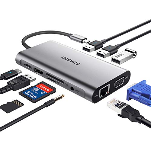 Book Cover USB C Hub, USB C Adapter, EUASOO 10 in 1 Type c Hub with 1000M RJ45 Ethernet, 4K HDMI, VGA, USB 3.0 Ports, PD 3.0 Charging Port, TF/SD Card Readers, Audio Mic Port for MacBook, Chromebook and More