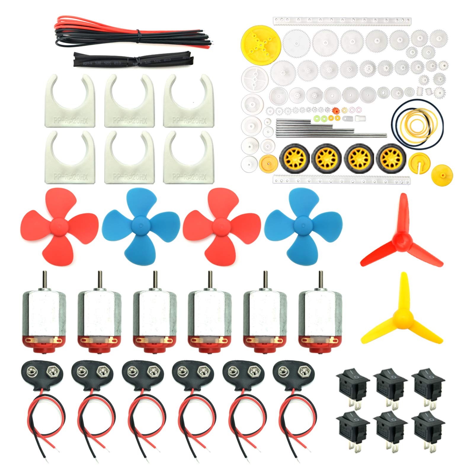 Book Cover 6 Set DC Motors Kit, Mini Electric Hobby Motor 3V -12V 25000 RPM Strong Magnetic with 86Pcs Plastic Gears, 9V Battery Clip Connector,Boat Rocker Switch,Shaft Propeller for DIY Science Projects