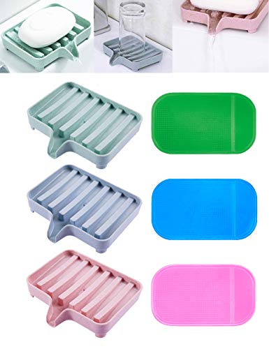 Book Cover EUICAE SoapÂ Dish Bar Soap Holder Soap Dishes Tray Saver Case Box for Shower Bathroom Kitchen Dish Drainer Drying Rack Pack of 3 +Â 3 Slip ResistantÂ Anti-Slip Pads
