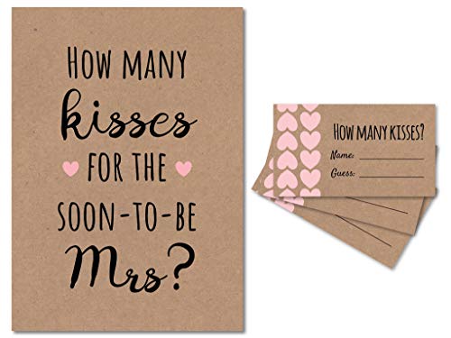 Book Cover How Many Kisses for the Soon to be Mrs Bridal Shower Game (Kraft/Pink) 1 Sign + 30 Cards, Made in the USA (1)