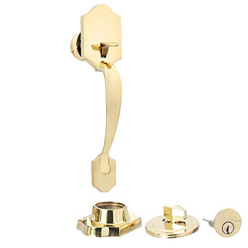 Book Cover Amazon Basics Standard Exterior Handle Set with Door Knob and Deadbolt, Polished Brass