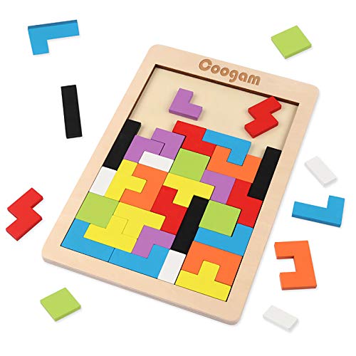 Book Cover Coogam Wooden Intelligence Puzzle Teris 40 Pcs Tangram Jigsaw Brain Teaser Toy for Kids Wood Puzzle Box Brain Game Building Block Intelligence Educational Gift for Toddlers