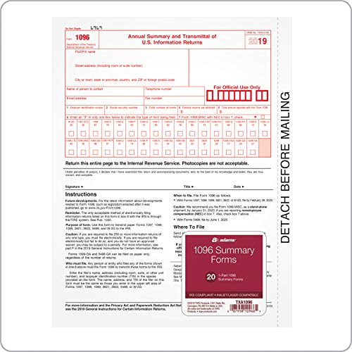 Book Cover Adams 1096 Summary Transmittal Forms for 2019, 1-Part Inkjet/Laser Compatible Forms, 20 per Pack (TXA1096)