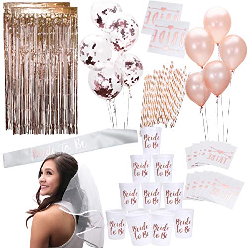 Book Cover Rose Gold Pink Bachelorette Party Supplies Decorations Kit | Balloons, Backdrop, Cups, Straws, Tattoos, Sash, and Veil