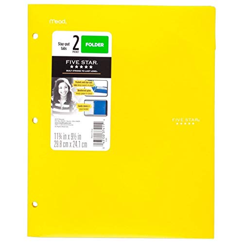 Book Cover Five Star 2 - Pocket Folder, Stay-Put Tabs, Plastic. No Prongs (Yellow)
