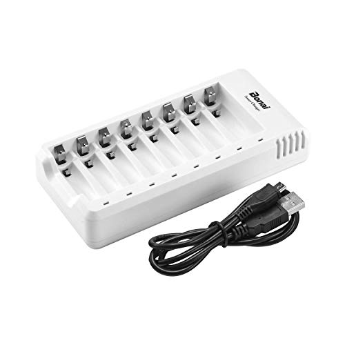 Book Cover BONAI 8 Bay Battery Charger for AA AAA Ni-MH Ni-CD Rechargeable Batteries with USB Port 8 LEDs