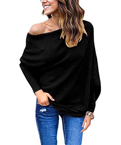 Book Cover GOLDSTITCH Women's Off Shoulder Batwing Sleeve Loose Pullover Sweater Knit Jumper Oversized Tunics Top