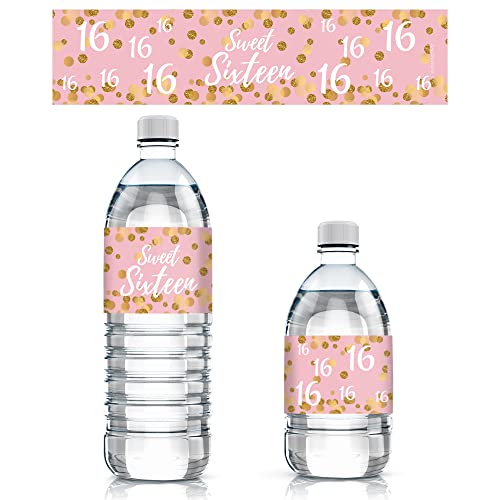 Book Cover Pink and Gold 16th Birthday Sweet Sixteen Party Water Bottle Labels - Waterproof Wrappers - 24 Stickers