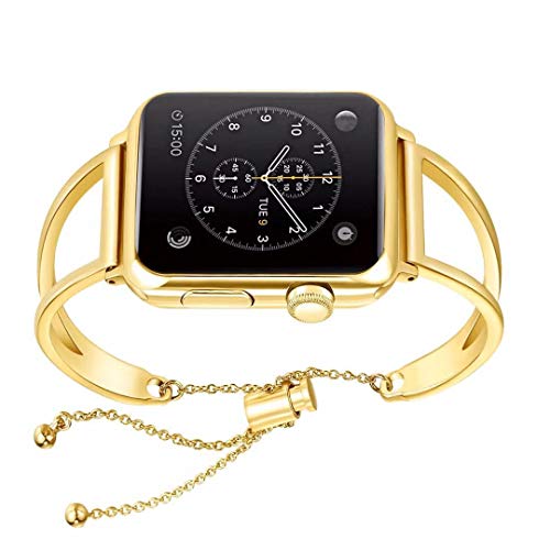 Book Cover WONMILLE Bracelet for Apple Watch Band 42mm, Classy Stainless Steel Jewelry Bangle for iWatch Bands Strap Wristbands Unique Fancy Style for Women Girls with Pendant and Tassel (Gold Colored-42mm)
