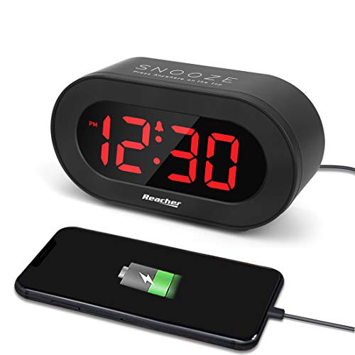 Book Cover REACHER Small LED Digital Alarm Clock with Simple Operation, Full Range Brightness Dimmer, USB Phone Charger Port, Easy Snooze, Adjustable Alarm Volume, Outlet Powered for Bedrooms Bedside(Black)