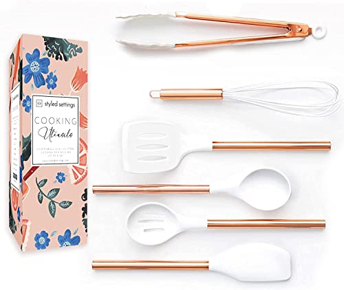 Book Cover STYLED SETTINGS White Silicone and Copper Kitchen Utensils Set for Modern Cooking and Serving - 6 PC Copper Cooking Utensils Set for Non-Stick Cookware - Copper Kitchen Accessories and Decor