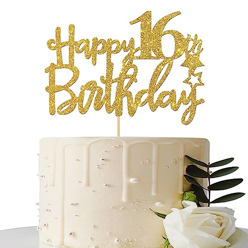 Book Cover Gold Glitter Happy 16th Birthday Cake Topper,Hello 16, Cheers to 16 Years, 16 & Fabulous,Sweet 16 Party Decoration