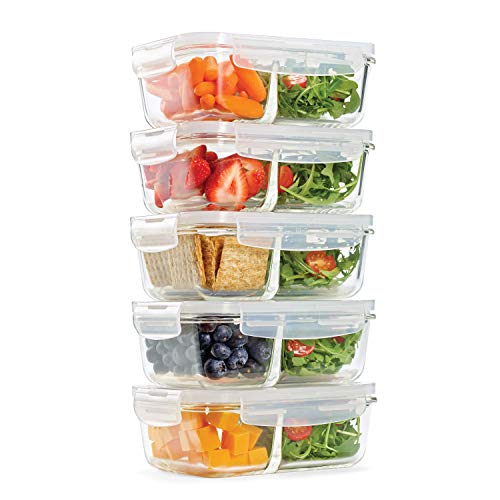 Book Cover Fit & Fresh Divided Glass Containers, 5-Pack, Two Compartments, Set of 5 Containers with Locking Lids, Glass Storage, Meal Prep Containers with Airtight Seal, 27 oz.