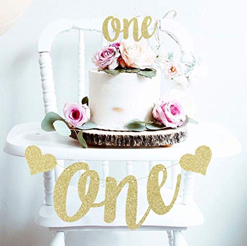 Book Cover Mini Things 1st First Birthday Decoration Set One High Chair Banner and One Cake Topper (Gold)