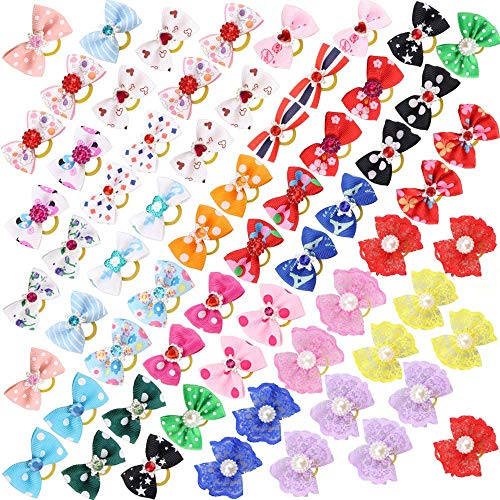 Book Cover Comsmart 60Pcs 30 Pairs Yorkie Dog Puppy Hair Bows with Rubber Bands & Rhinestone Pearls & Handmade Lace Fabric, Cute Pet Small Hair Bowknot Grooming Accessories