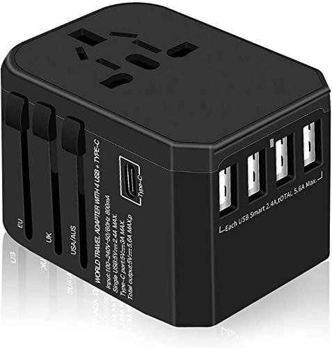 Book Cover International Travel Adapter Yarrashop All in One Universal Power Adapter with 4 USB + 1 Type-C Charging Ports Wall Charger Plug for European US, EU, UK, AU 150+ Countries, Black