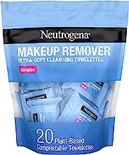 Book Cover Neutrogena Makeup Remover Facial Cleansing Towelette Singles, Daily Face Wipes Remove Dirt, Oil, Makeup & Waterproof Mascara, Gentle, Individually Wrapped, 100% Plant-Based Fibers, 20 ct 20 Count (Pack of 1)