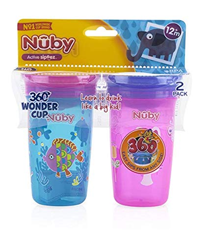 Book Cover Nuby No Spill 360 Degree Printed Wonder Cup (2 Pack) (Aqua/Pink)