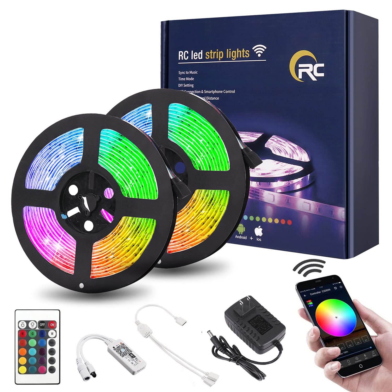 Book Cover RC WiFi Wireless LED Strip Lights, Color Changing 32.8ft IP65 Waterproof Flexible Light Strips SMD5050 300LEDs with RGB Smart Controller 24Key IR Remote, Works with Android, iOS, Alexa, Siri, IFTTT