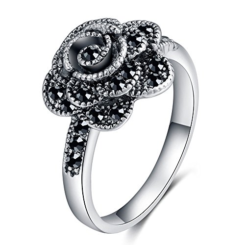 Book Cover Shefashion Rhodium Plated Marcasites Rose Flower Cocktail Rings Ladies Silver Tone Statement Rings