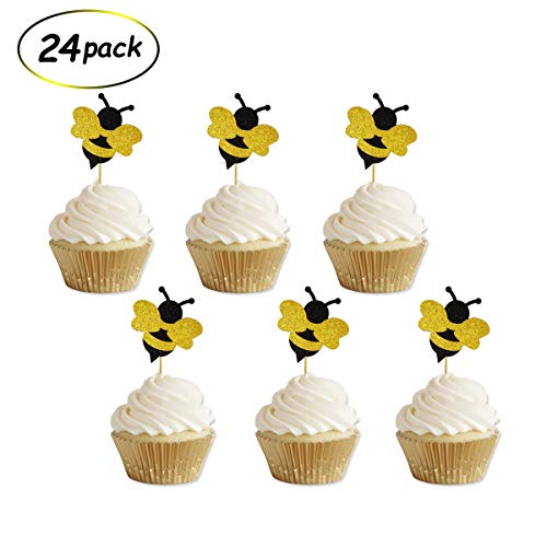 Book Cover Glitter Bumble Bee Cupcake Toppers for Bumble Bee Gender Reveal Baby Shower Birthday Party Decor 24 Counts