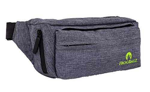 Book Cover Frog Bagz - Travel Fanny Pack, Gray with Waterproof Polyester and Zippers for All-Weather Protection with Adjustable Strap from 20 Inches to 50 Inches with 4 Cargo Pockets