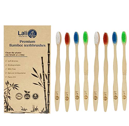 Book Cover Natural Bamboo Toothbrushes with Soft Nylon Bristles, Bamboo Toothbrush Pack of 8 by Lali BambÃ¹