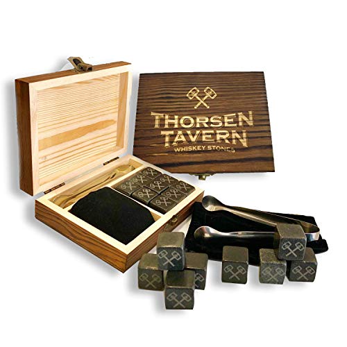 Book Cover Whiskey Stones Set by Thorsen Tavern - 9 Granite Whiskey Chilling Stones, 1 Tongs Set & 1 Black Velvet Bag in Elegant Wooden Box; Keep Your Whiskey, Bourbon and Scotch Slightly Chilled & Flavorful