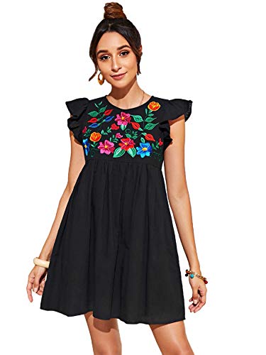 Book Cover Floerns Women's Summer Floral Embroidery Dress Ruffle Sleeve Round Neck Smock Short Dress