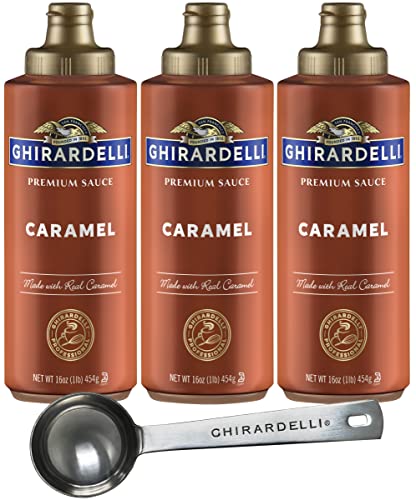 Book Cover Ghirardelli Caramel Sauce Squeeze Bottle, 16 Ounce (Pack 3) with Ghirardelli Stamped Barista Spoon