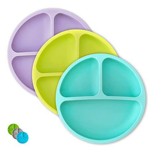 Book Cover Kids Plates - Toddler Plates - Silicone Plate with Dividers for Baby, Kids & Toddlers (Teal/Lime/Lavender)