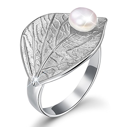 Book Cover Lotus Fun 925 Sterling Silver Rings Autumn Leaf Open Ring with Freshwater Cultured Pearl Handmade Jewelry Unique Gift for Women and Girls
