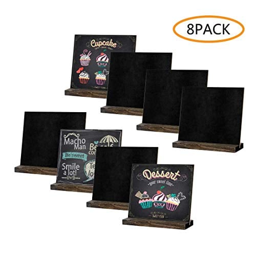 Book Cover 8 Pack Mini Chalkboard Signs, 5 X 6 Inch Vintage Wooden Tabletop Chalkboard Sign with Base Stand, Framed Message Small Chalkboard Sign for Party, Restaurant, Wedding, Bar Countertop and Home
