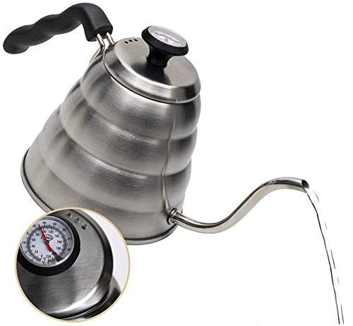 Book Cover Pour Over Coffee Kettle with Outstanding Thermometer (40floz) - Gooseneck Kettle - Triple Layer Stainless Steel Bottom Works on any Heat Source for Drip Coffee and Tea