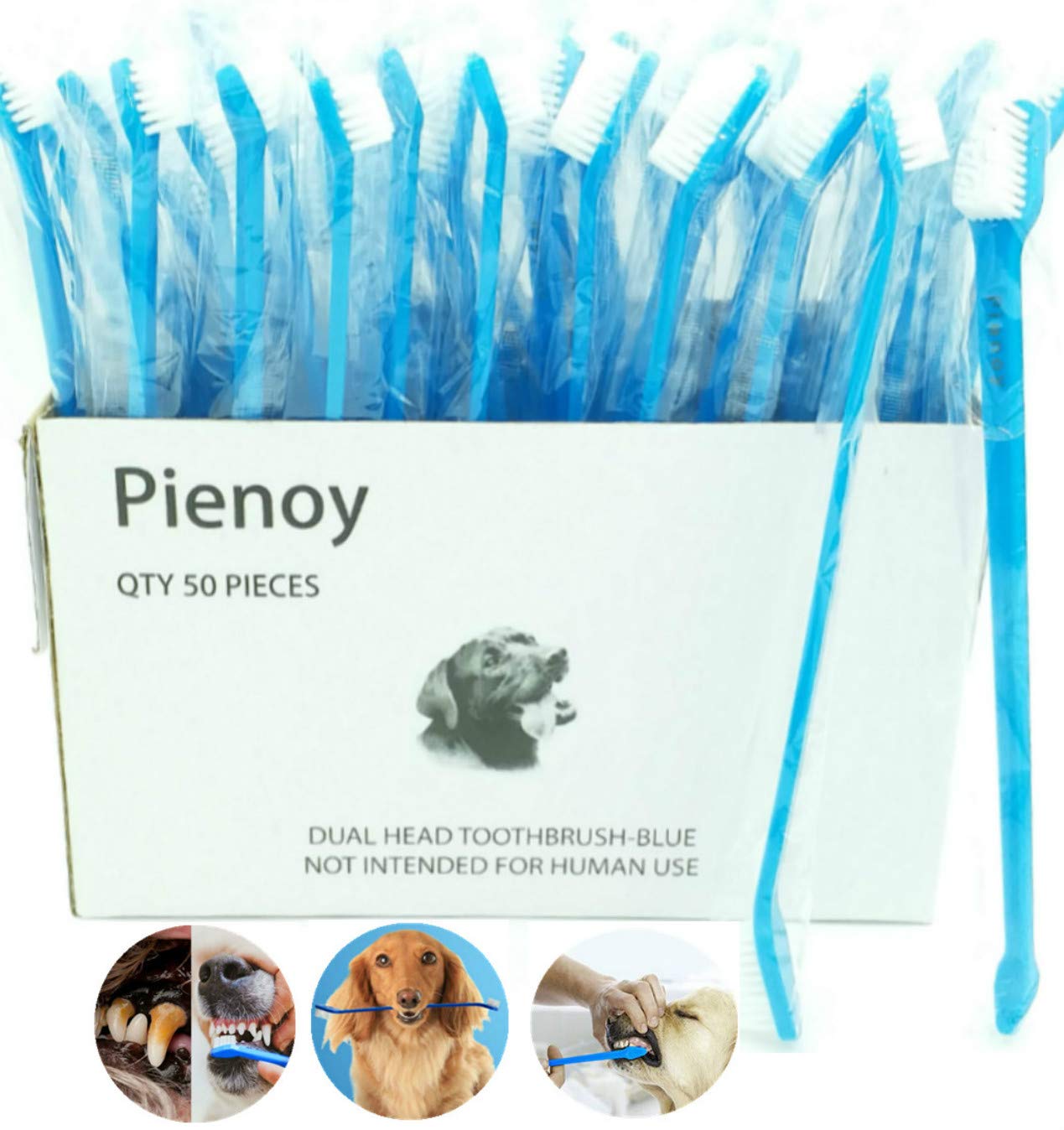 Book Cover Pienoy 50-Pieces Double-Headed Dog/cat Toothbrush - Convenient Toothbrush to Clean pet Teeth, pet Toothbrush (Blue)