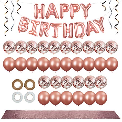 Book Cover Rose Gold Party Decorations Set (36 Pcs) - 12 in Rose Gold Balloons (confetti & solid latex) - Rose Gold Happy Birthday Balloon Banner with Premium Rose Gold Table Runner & Hanging Ribbon