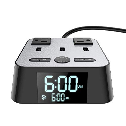 Book Cover Yostyle Alarm Clock Charger w/3 USB Ports and 2 AC Outlets, 6ft Power Cord Charging Station Power Strip for Hotel Home,UL Tested (4 Dimmer Brightness,Snooze,ON/Off Switch,DST Time,Battery Backup)
