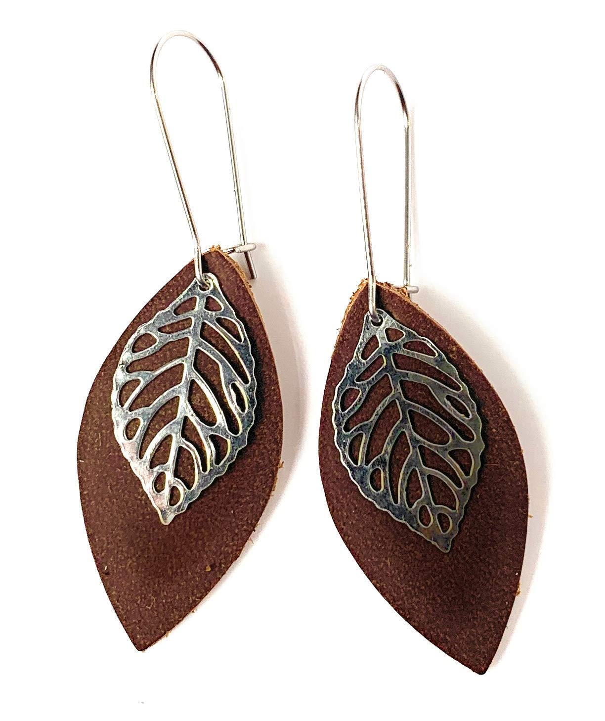 Book Cover Leather Leaf Earrings Rustic Brown Leather Petal with Metal Leaf Charm Small Lightweight Bohemian Dangles