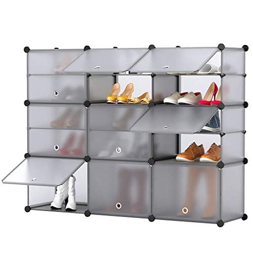 Book Cover LANGRIA 15-Cube Shoe Rack DIY Organizer Units with Extra Dividers, Cubby Modular Shelving Storage Plastic Cabinet with Translucent Doors (Grey, 12 Regular+3 Tall Cubes)
