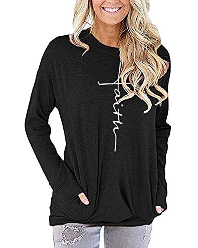 Book Cover AELSON Women's Casual Faith Printed Round Neck Sweatshirt T-Shirts Tops Blouse with Pocket
