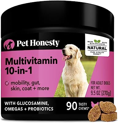 Book Cover PetHonesty 10 in 1 Dog Multivitamin w Glucosamine - Essential Dog Vitamins w Glucosamine Chondroitin, Probiotics, Omega Fish Oil for Dogs Overall Health - Vitamins for Joint Supplement Heart (Chicken)