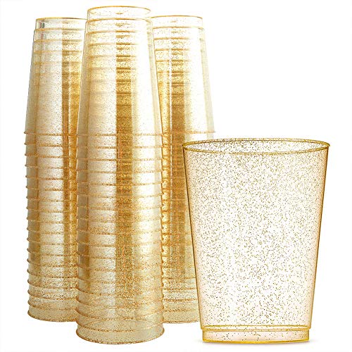 Book Cover WDF 100pcs 12OZ Gold Cups - Disposable Gold Glitter Plastic Cups - Premium Wedding Cups - Party Cups for Thanksgiving, Christmas