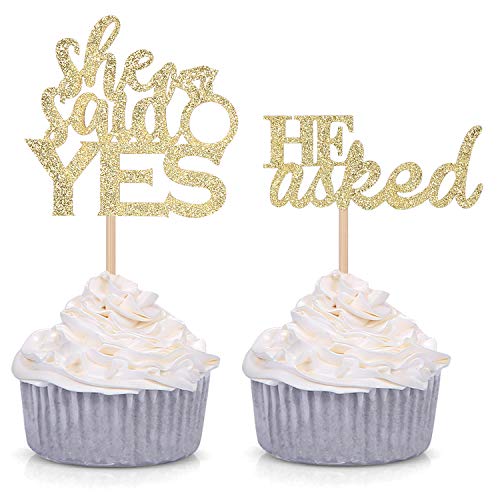 Book Cover Set of 24 Gold Glitter He Asked/She Said Yes Cupcake Toppers for Wedding/Bridal Shower Decorations