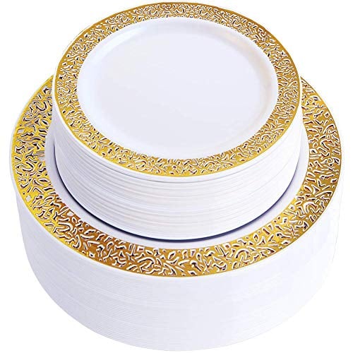 Book Cover WDF 102pcs Gold Disposable Plastic Plates - Christmas Plates include 51 Plastic Dinner Plates 10.25inch,51 Salad/Dessert Plates 7.5inch Gold Lace Plates