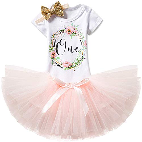 Book Cover TTYAOVO Girl Skirt Newborn 3pcs Baby's 1st Birthday Set/Outfits with Romper + Tutu Dress + Headband Size 1 Years Peach(with Flower)